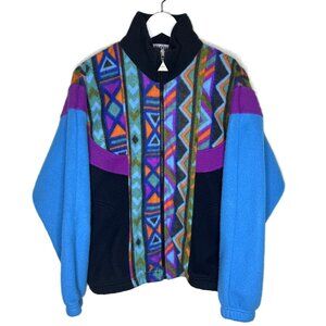 Vintage 80s Blue & Purple Geometric Print Full-Zip Fleece Jacket, Size Medium